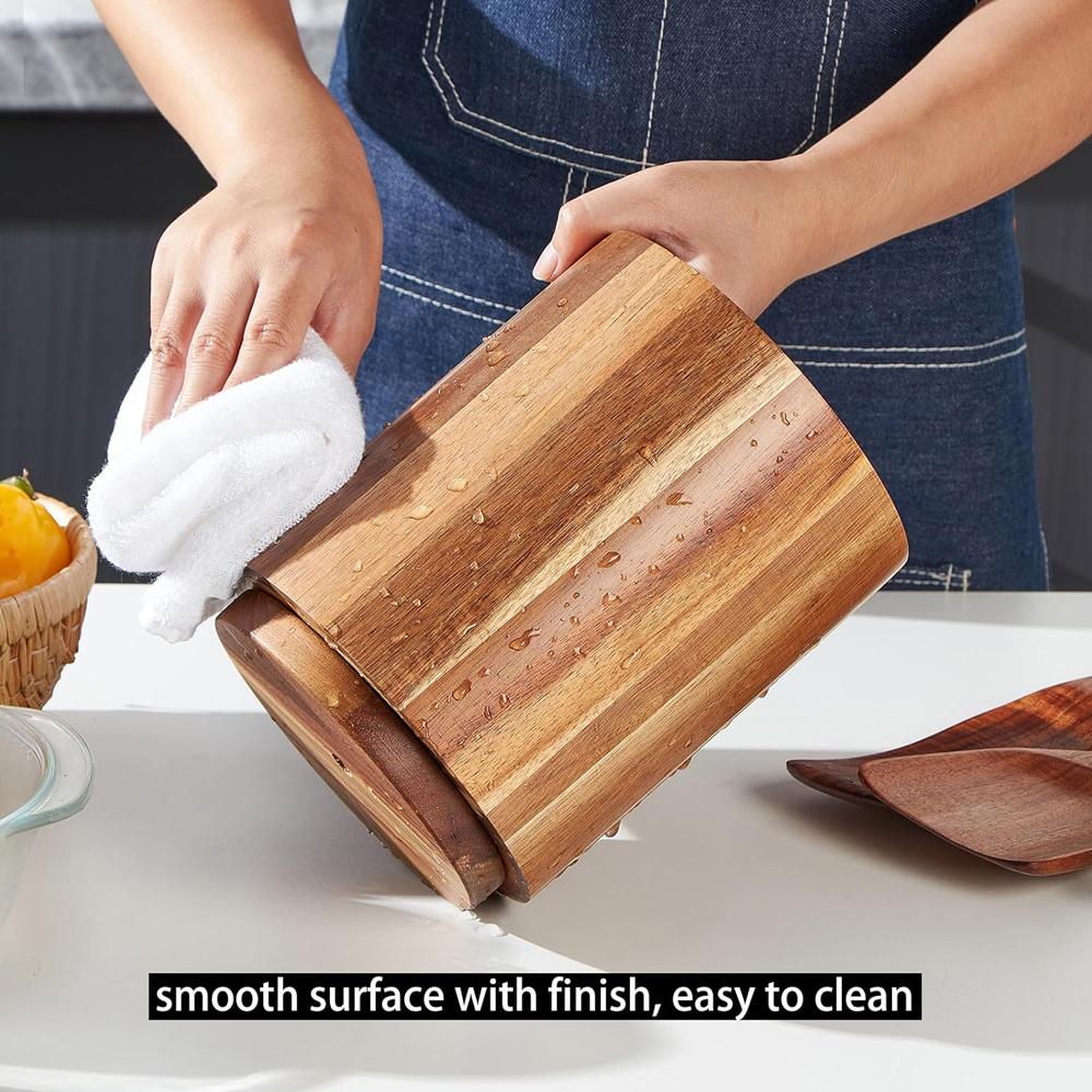 Wooden Utensil Holder for Countertop, 360° Rotating Kitchen Utensil Holder Large Acacia Wood Crock, Farmhouse Kitchen Decor