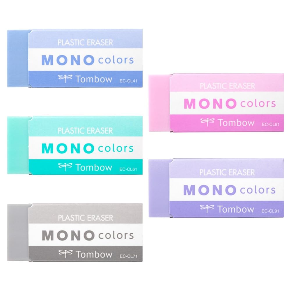 Tombow MONO Monocolors Set Eraser, 5-Color (Blue, Green, Gray, Pink, Purple) JCE-511XAZ