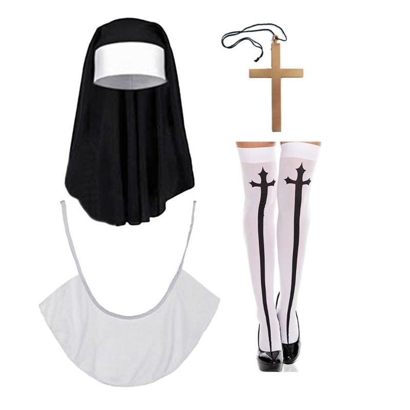 Nonnenkostüm mit Kreuzanhänger-Halskette Nonnenhut Halloween Cosplay Partykostüm