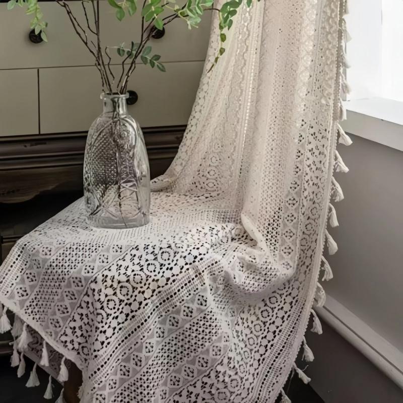 French Tulle Lace Curtains Geometry Striped Knitted Lace Light Filtering For Kitchen Bedroom Living Room