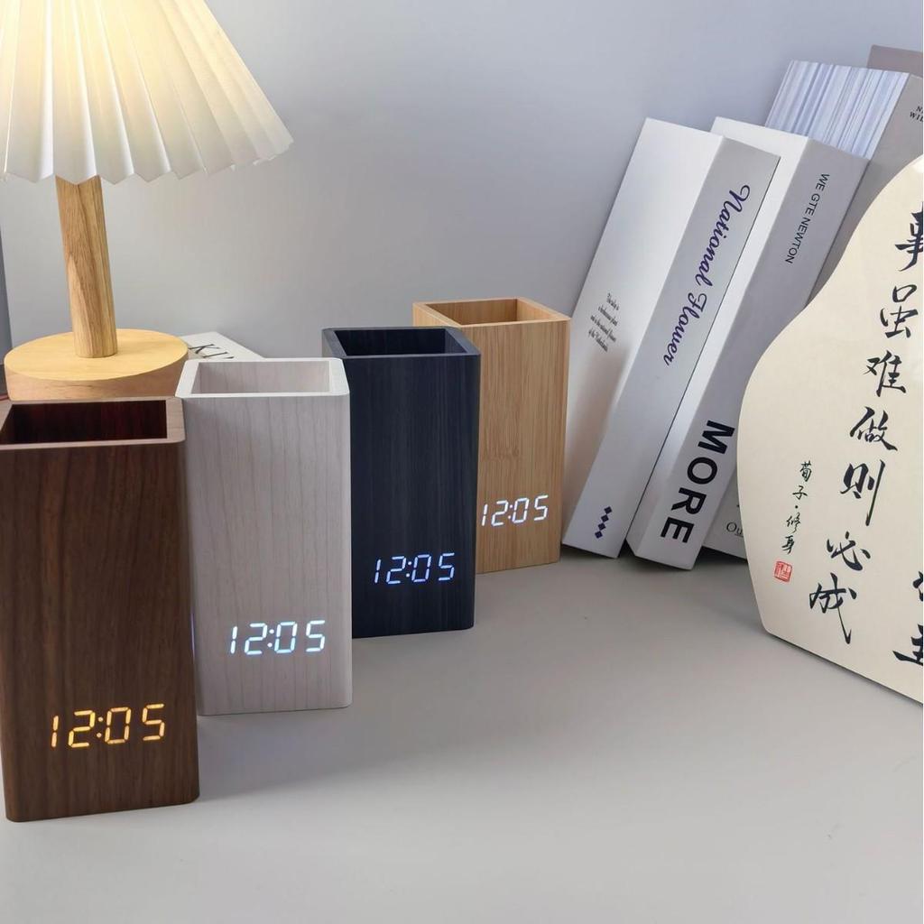 Wooden Alarm Clock Pen Holder: Time, Temperature & Date Display for Students