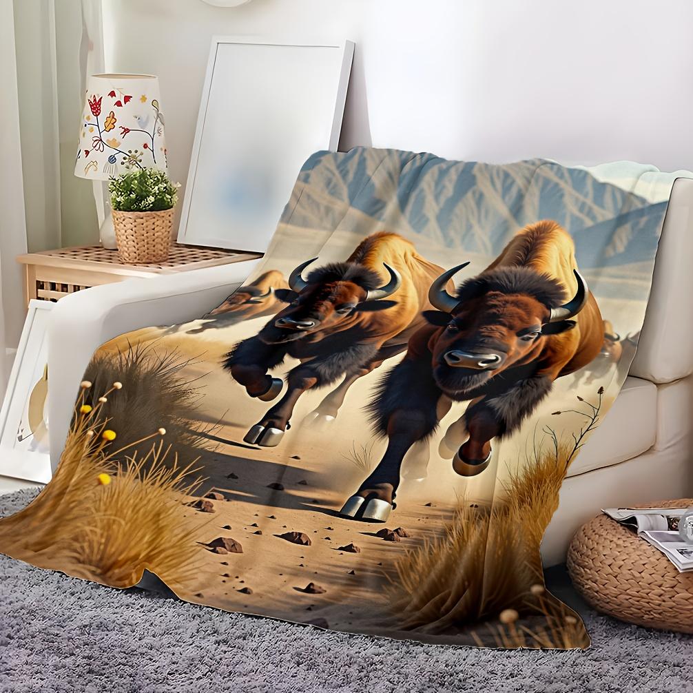 Soft Buffalo Theme Fleece Blanket - Vibrant Digital Print, Breathable 100% Polyester, All-Season Cozy Throw for Home Decor, Perf