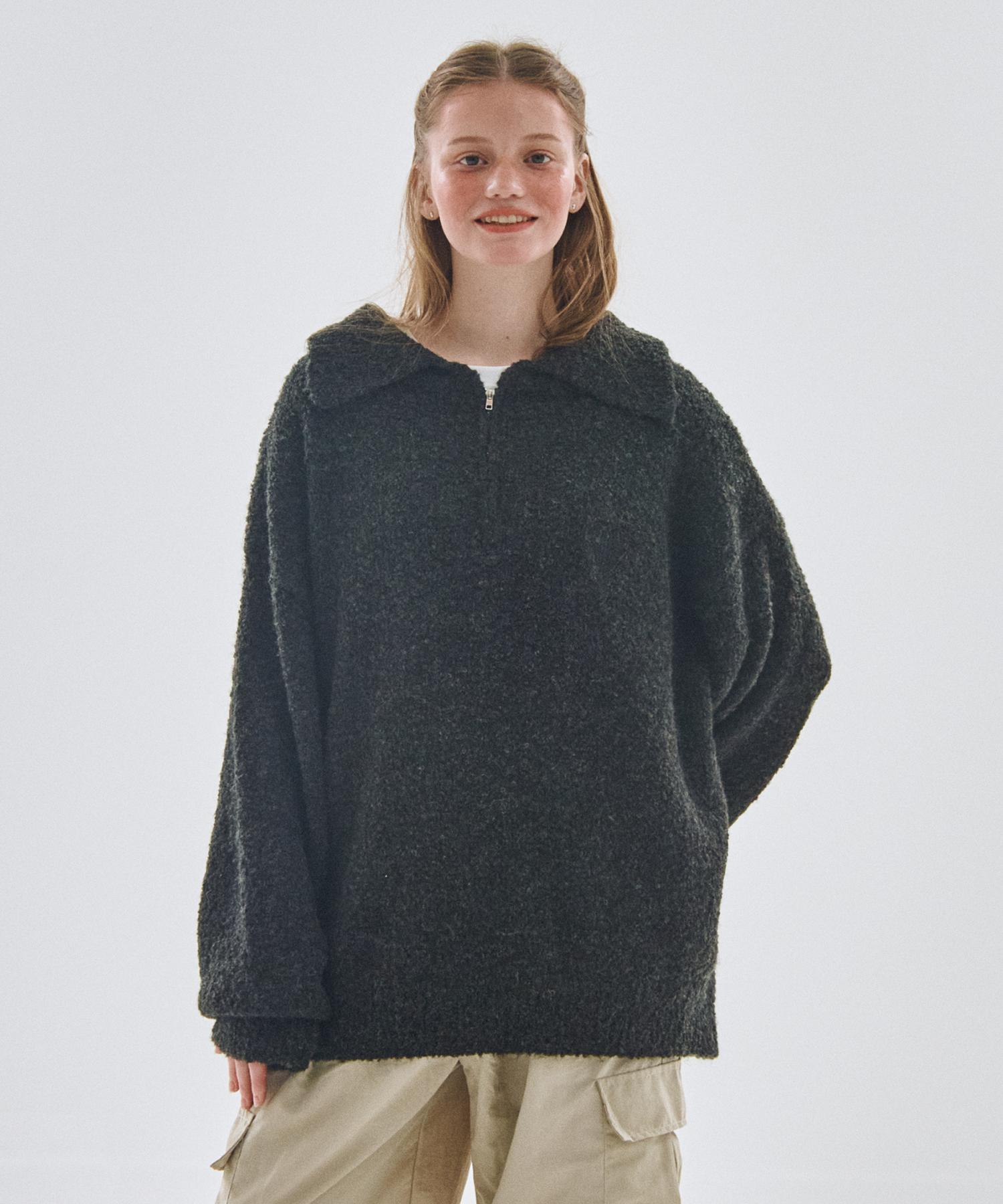 Some Place Washable Half Heart Logo Embroidered Half-Zip Knit Oversized [Black] Black/Free