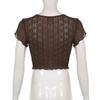 Women Retro Perspective V-neck Hollowed Cardigan T-shirt Tops Fashion Agaric Edge Short  Bare Navel Top