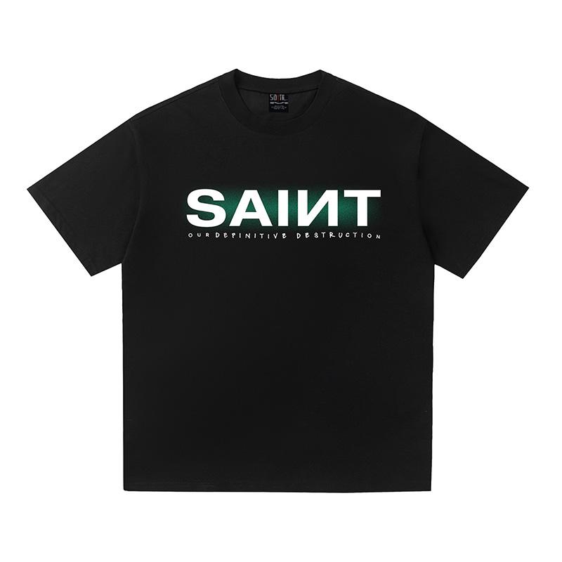 Casual Fashion Loose Heavy Fabric Cotton Tee Classic Box Letters Logo Print Saint TShirt For Unisex Unisex Black T Shirt Tops