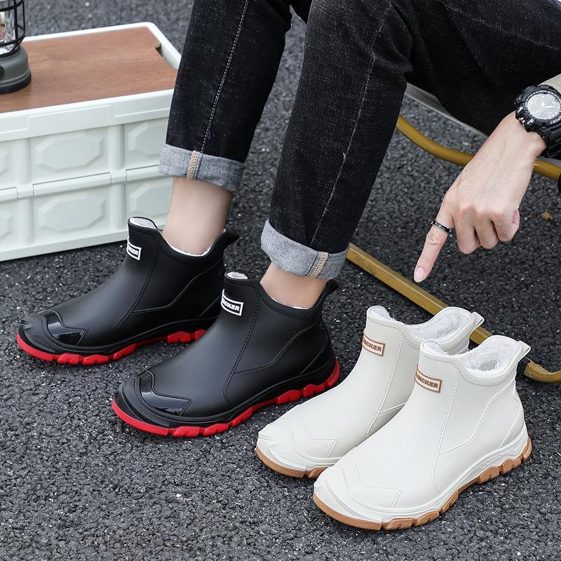 Winter fashion men's warm rain shoes men's short rain boots outdoor wading shoes fleece non-slip fixed fleece rubber shoes men