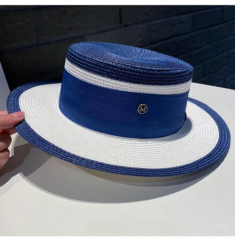 Damen Color-Block Britischer Retro Flacher Strohhut Sommer Sonnenschutz Sonnenschirm Urlaub Strand Zylinderhut