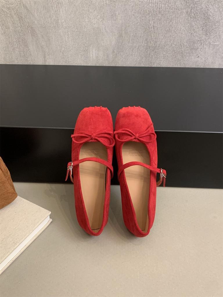 Suede square head shallow mouth single shoes women's autumn new late retro gentle ballet flat bottom Mary Jane