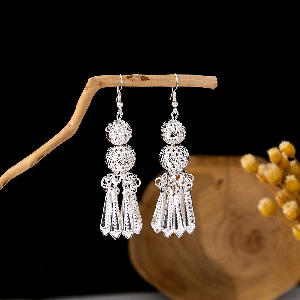 Ethnic Style Imitation Miao Silver Earrings, Colorful Long Fringed Chain Earrings, Hot-selling Earrings In Scenic Spots, Qinghe Jewelry Batches