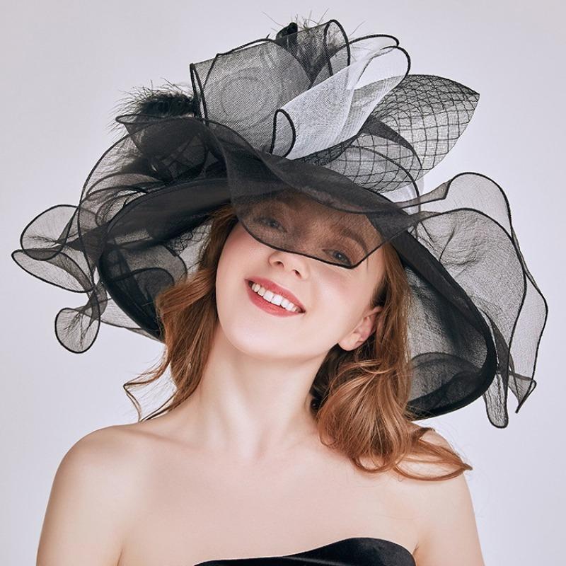 Fashion Flower Fascinator Hats For Women Ladies Kentucky Derby Wide Brim Wedding Church Organza Sun Hat Elegant Large Fedoras