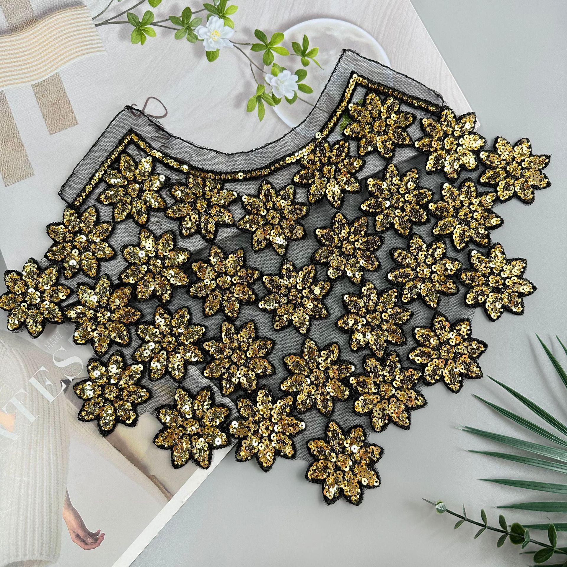 

Exquisite Heavy Industry Star Sequin Decorative Cloth Sticker Clothing Dress Performance Clothes Wedding Accessories Front Collar Cloth Sticker H8116 black net gold