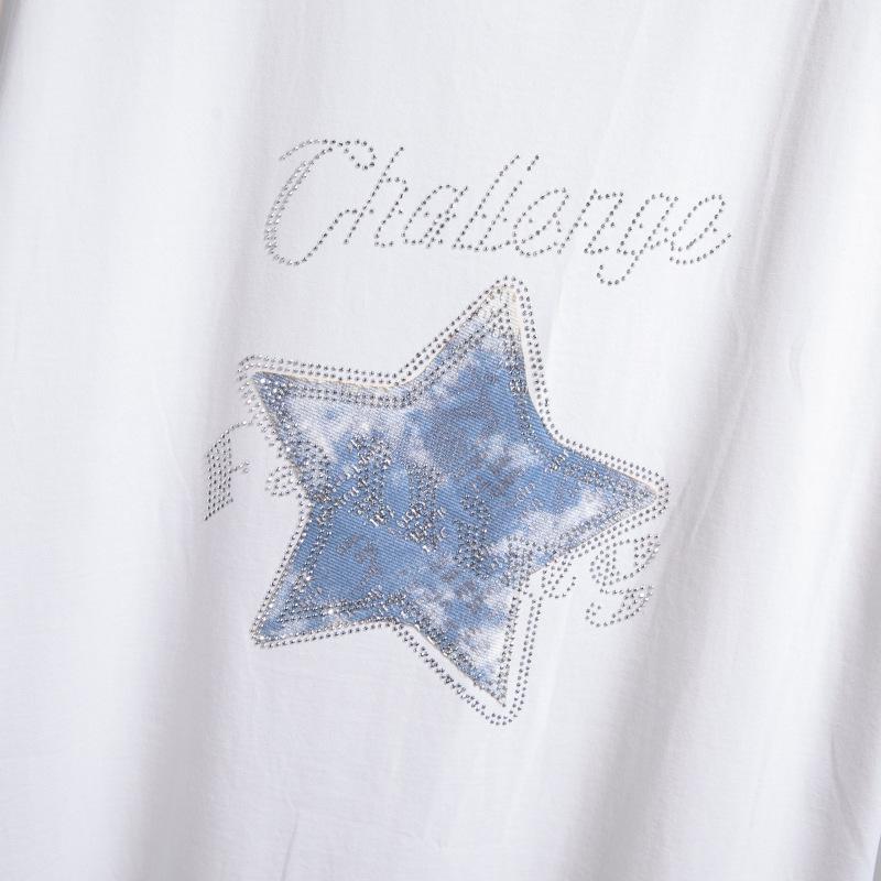 230G Schweres Baumwoll-T-Shirt Damen Strassstern Kurzarm Große Größen Basic Sommer Oberteile