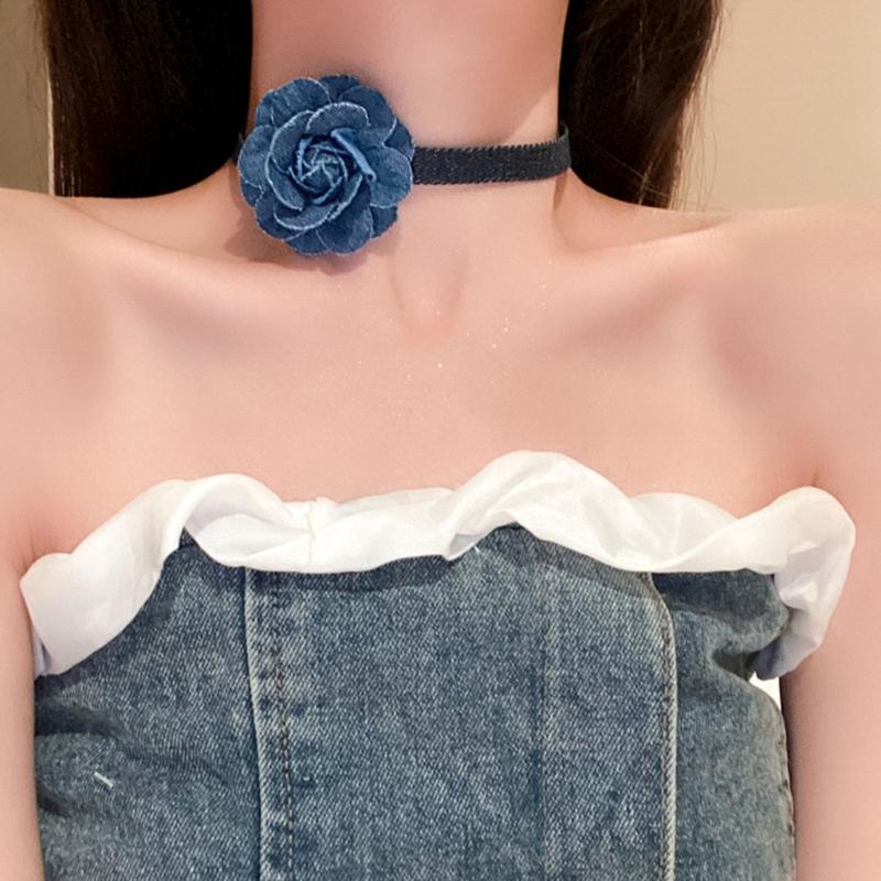 Big Flower Chokers Necklace Vintage Flower Necklace Neck Chain Blue Wide Denim Neckband Statement Jewelry for Womens