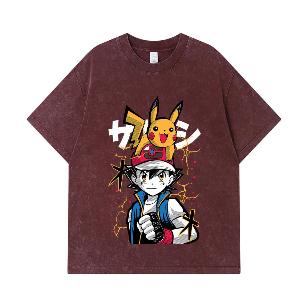 275 GSM Gewaschene T-Shirts 100% Baumwolle Pokemon V2 Ash Print Unisex Schweres Baumwoll-T-Shirt