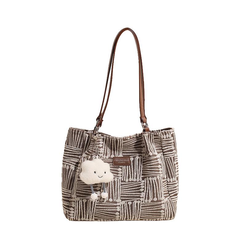 

Вместительная полосатая парусиновая сумка женская новая осенне-зимняя ленивая сумка через плечо сумка-тоут для通勤 no pendant коричневый