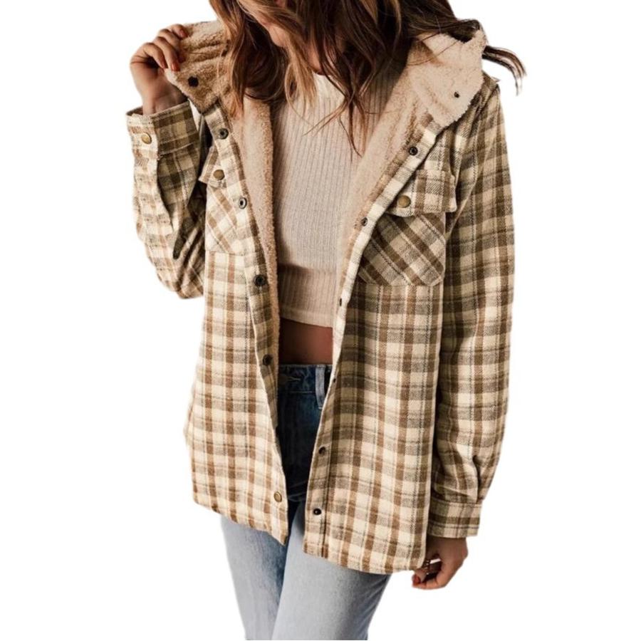 Fall Winter Women's Plaid Jacket Long Sleeve Hooded Cozy Coat with Pockets