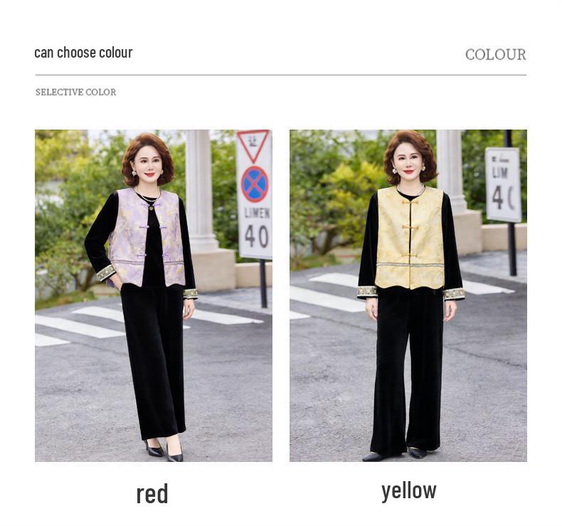 Gold Velvet Suit for Middle-aged Women - Spring/Autumn Noble Lady Three-Piece Set with Chinese Style Printed Vest.