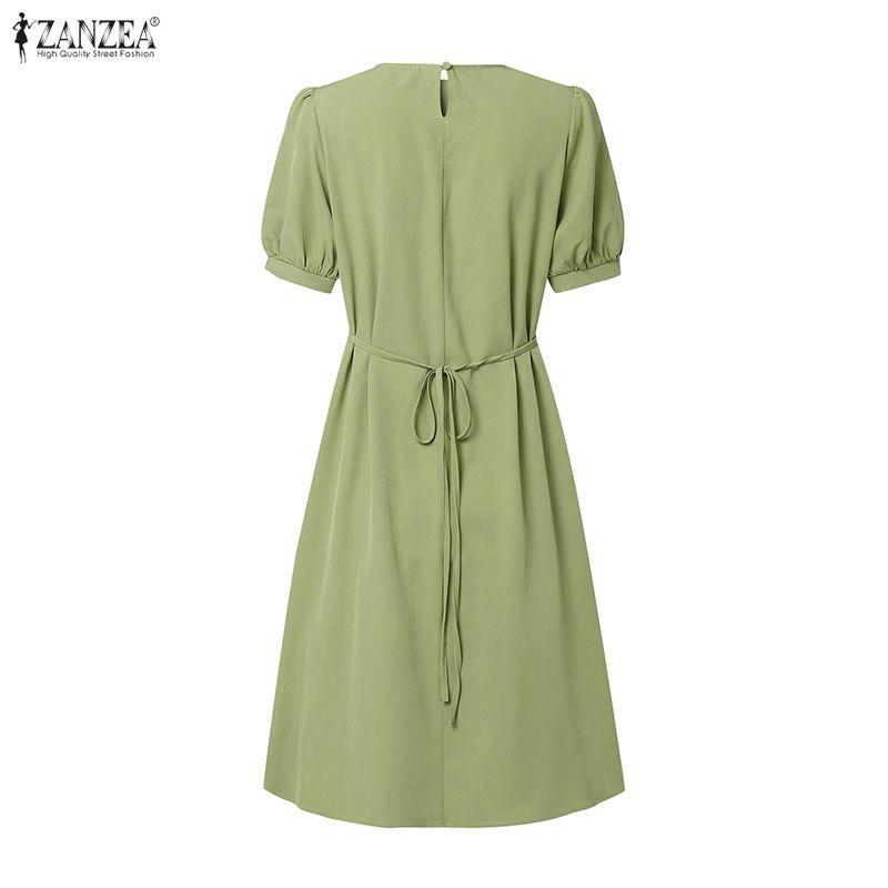 ZANZEA Women Daily Casual Round Neck Solid Color Short Sleeve Dress