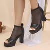 2026 Cowhide Mesh Fish Mouth  Summer  Large Size Platform High Heel  Back Zipper Women Black Sandals