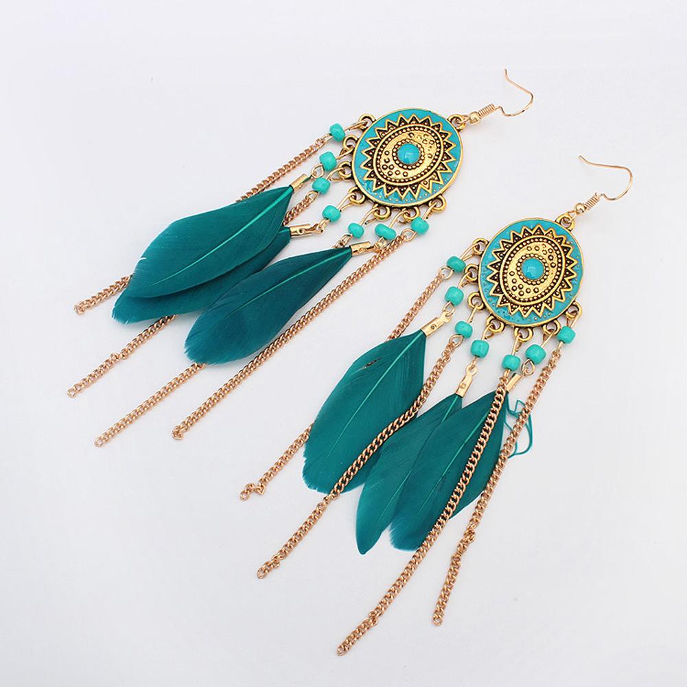 Women Bohemian Faux Feather Earrings Retro Ethnic Style Tassel Long Drop Dangle Earrings Jewelry Gifts For Girls