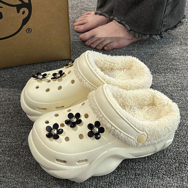 New velvet hole shoes women's winter non-slip outer wear cotton shoes heightened thick-soled home removable cotton slippers
