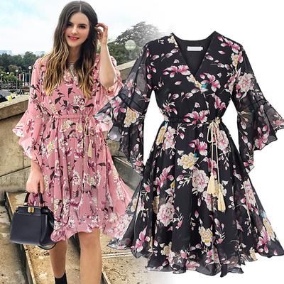 Vestido de Chiffon Floral Plus Size para Mulheres, Vestido Midi de Corte A com Barra Franzida e Cordão na Cintura, Elegante Casual para Primavera Verão Maxi Vestido XL-5XL