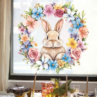 Coniglietto di Pasqua Cartone Animato Acquerello con Fiori Adesivi Statici per Finestre Senza Colla Animale di Primavera Decorazione Festiva