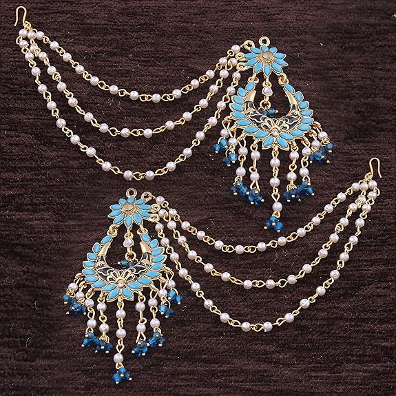 Gold Plated Traditional Meenakari Kundan Pearl Drop Earrings With Pearl Hair Chain For Women & Girls Onesize