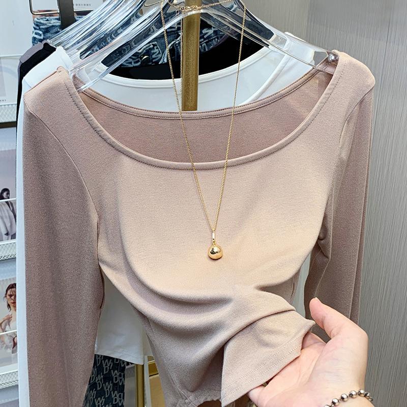 

Серая базовая футболка с U-образным вырезом для женщин на весну и лето. Универсальная футболка с длинным рукавом. Новый стиль. Приталенный крой. Простой топ. XL розовый