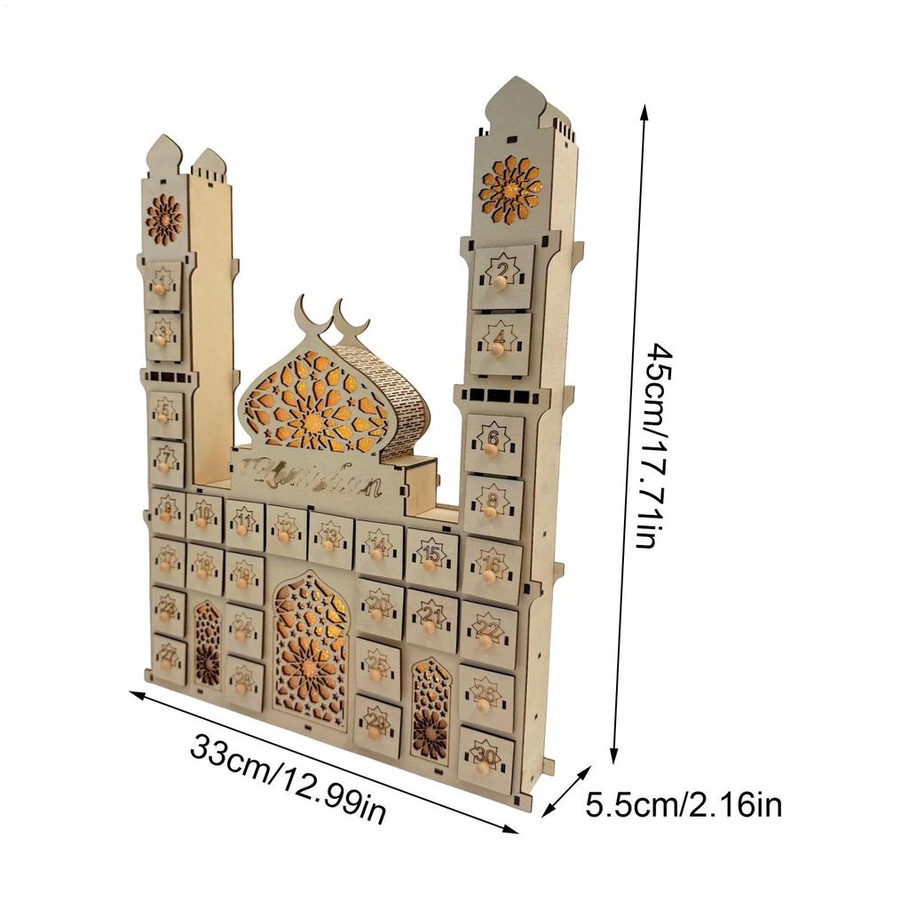 Home Holiday Countdown calendar Wooden Castle Shape Table Ornament wth Drawers 30 Days Fun Activity Calendar with Light