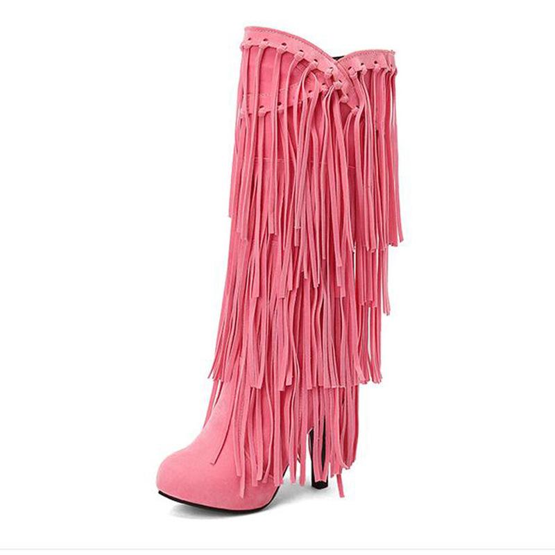 High-Heeled V Mouth Fringed Women's Boots Round Toe 10cm Square Heel High Tube Boots Fashion Sexy Flock Women Shoes Size 34-39