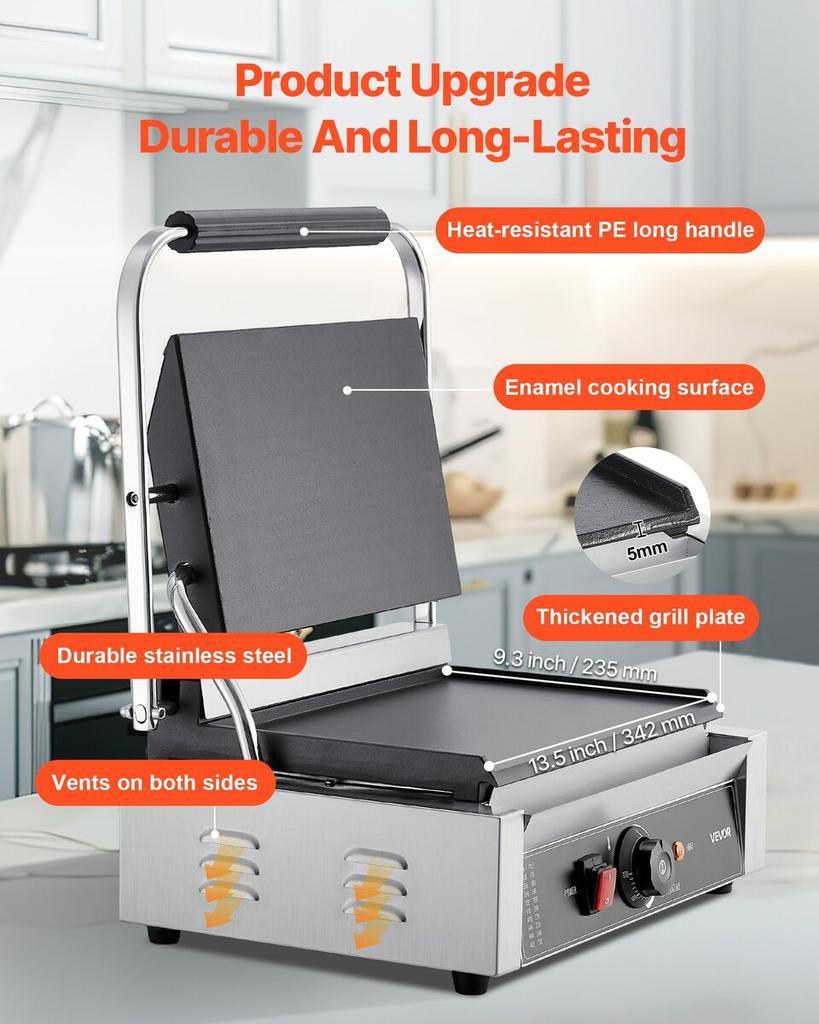 Commercial Panini Grill, 2200W Electric Sandwich Panini Maker, Stainless Steel Sandwichs Press Grill with Handle and Temp Control, 34x23 cm Full Flat