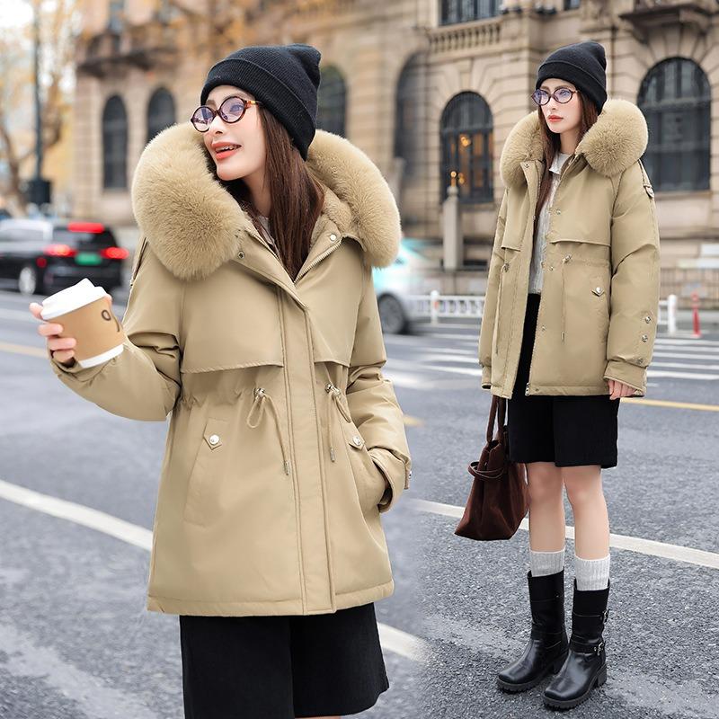 Thickened plush hooded pie overcomes retro warm cotton clothes, sweet wind waist fashionable simple coat