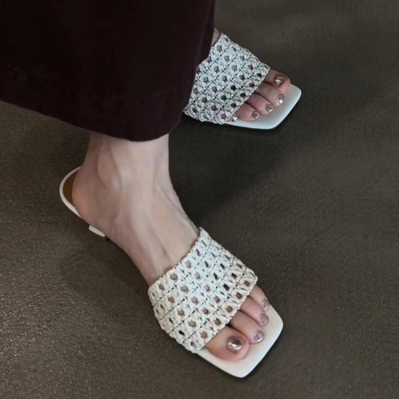 Fashion French Gentle Knitting Cutout Sandals and Slippers for Women Wearing Square Toe Open Toe Sexy High Heels in Summer