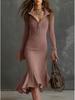 2025 Autumn European & American Elegant Zipper Lapel Bell Sleeve Knit Fishtail Skirt