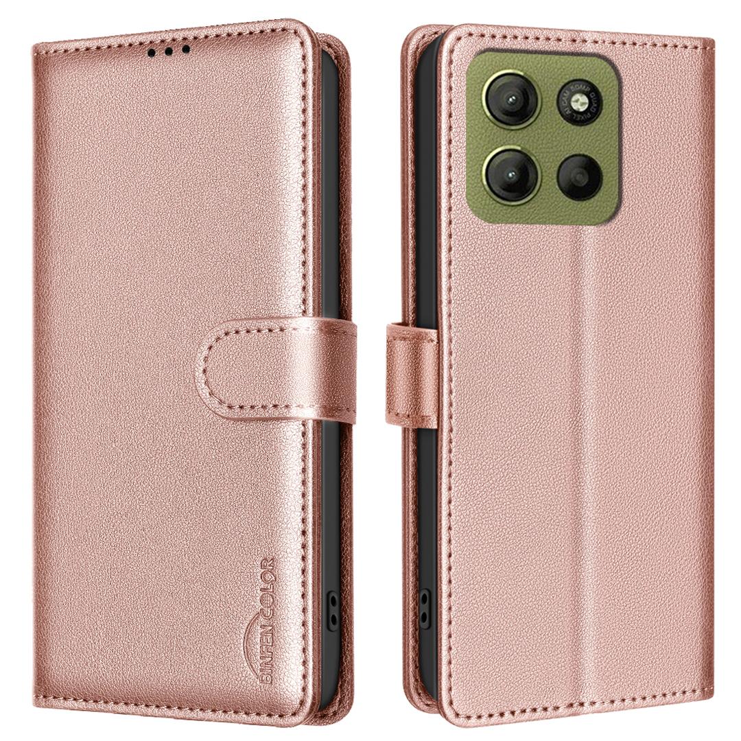 

BINFEN COLOR BF32 For Motorola Moto G15 4G Leather Case Wallet RFID Blocking Phone Cover Rose Gold