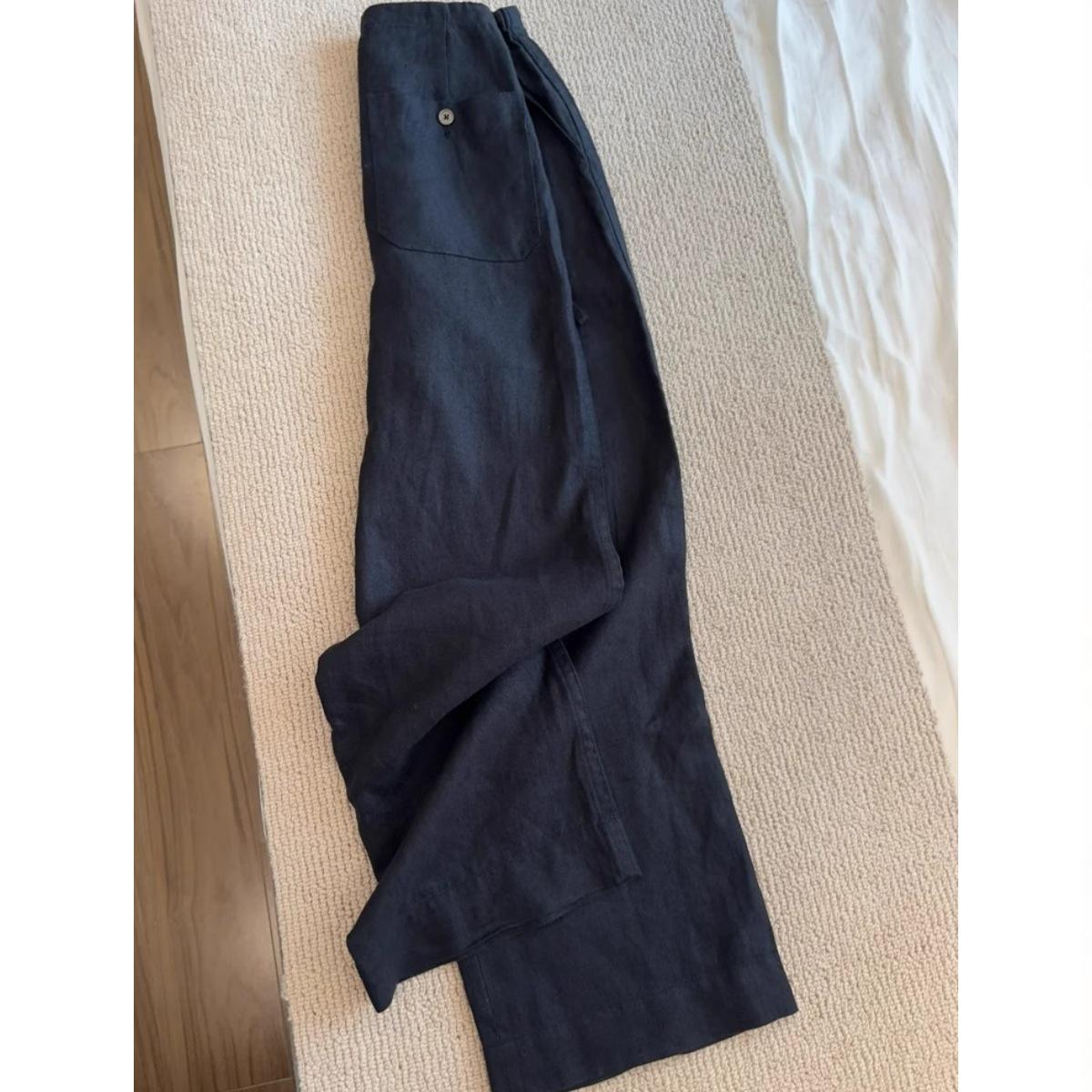 

Women s Old Money Style Linen Wide-Leg Trousers - Pear-Shaped, Loose, Straight, Elastic Waist, Summer Petite Fit. Small темно-синий