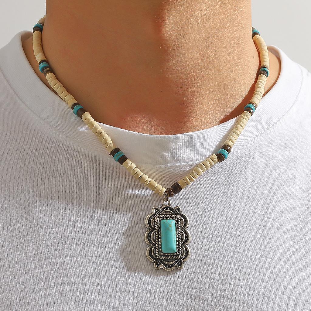 BLINGBAY Kadın Kolye Bohem Retro Etnik Stil Turkuaz Kolye Kişilik Moda Ekleme Ahşap Boncuk Kolye Kız Doğum Günü Hediyesi