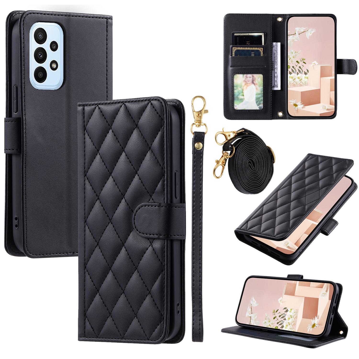 

For Samsung Galaxy A52 4G/5G/A52s 5G Leather Case Rhombus Grid Phone Cover with 2 Straps Black