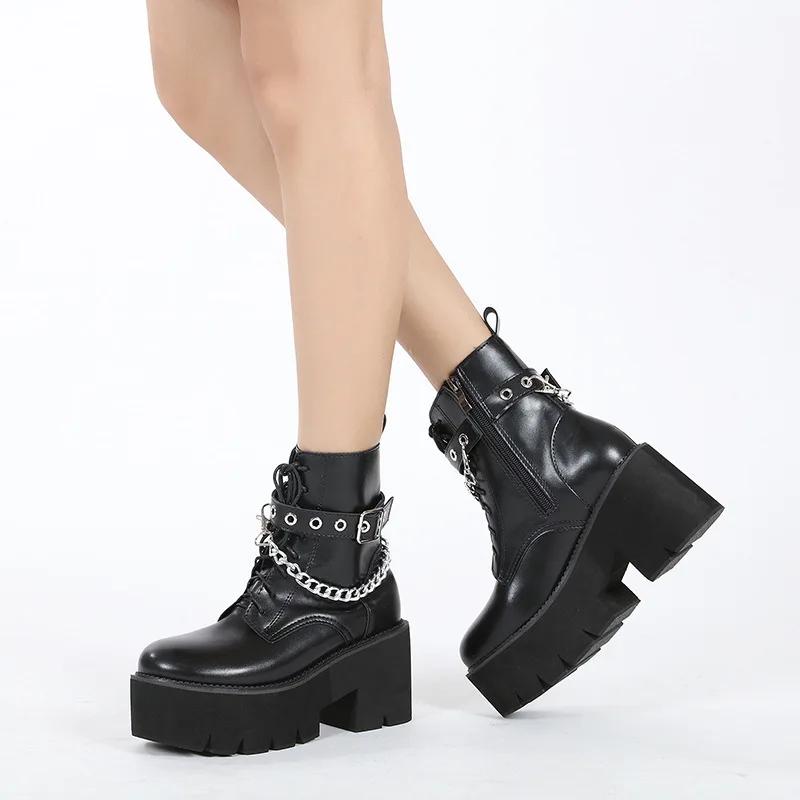 Gothic Style Schwarze Damenstiefel Cosyplay Schuhe Blockabsatz Damenschuhe Stiefeletten Plateau Große Qualität Große Größe