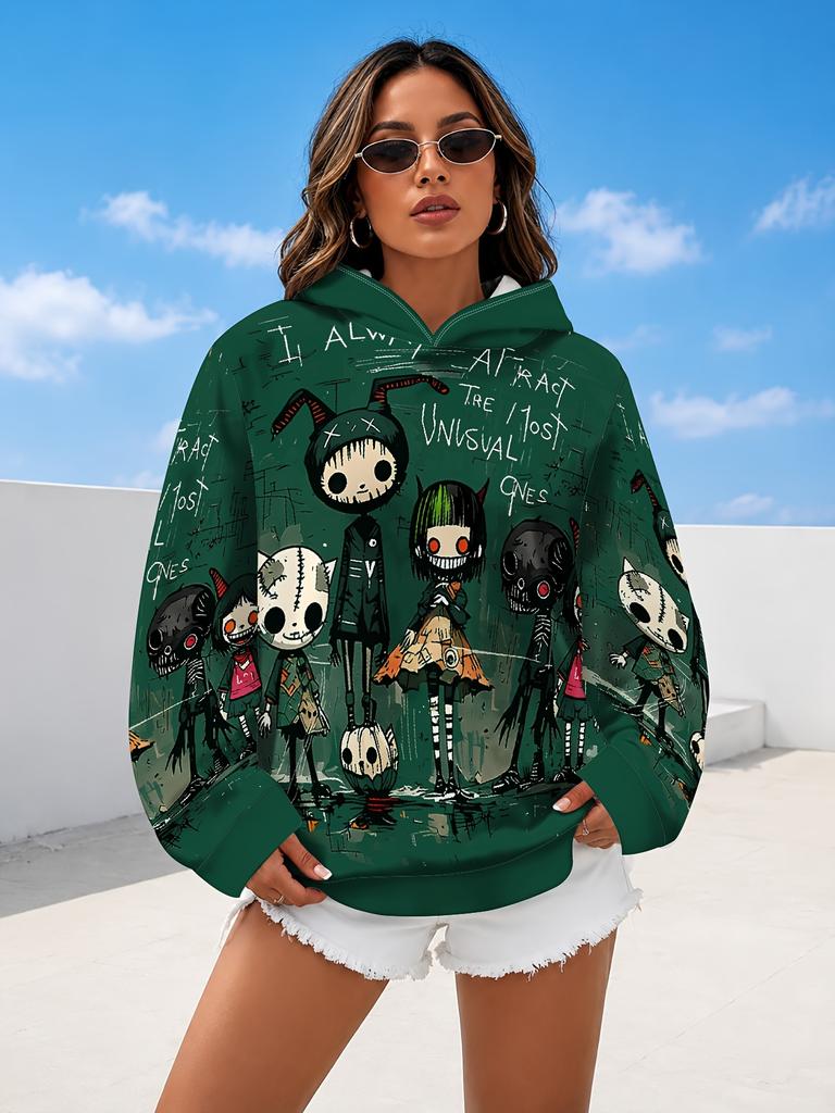 Lazy Women's Hoodie with Scary Cartoon Characters On Hoodie Women's Hooded Pullover Sweatshirt Fashionable Top