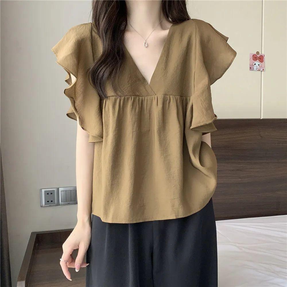 

Рубашка из шифона с рукавами-крылышками для женщин, летняя женская свободная и шикарная рубашка с V-образным вырезом 2XL хаки