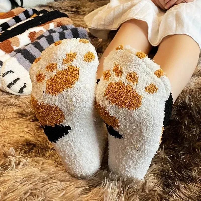 Winter Lamb Kawaii Cartoon Socks for Women Cute 3d Dog Cat Paw Pattern Fleece Warm Thicken Funny Plush Socks Sleeping Socks