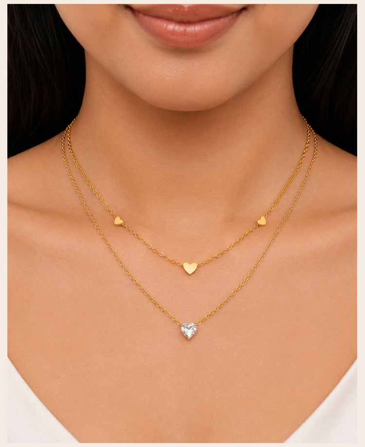 Heart Necklace, 18K Gold Plated Stainless Steel, Waterproof Tarnish Free Solitaire CZ Link Chain Layering Jewelry Women