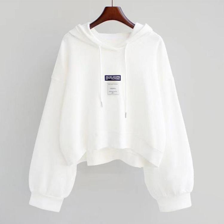 Fashion Hooded Cropped Sweatshirt Women Loose Pullover Thin Top Casual Long Sleeve Drawstring S белый