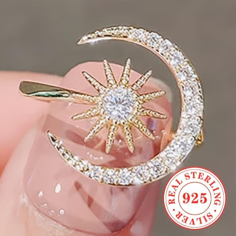 925Pure Silver Shiny Synthetic Zircon Star and Moon Open Ring for Women, Casual Party Accessory