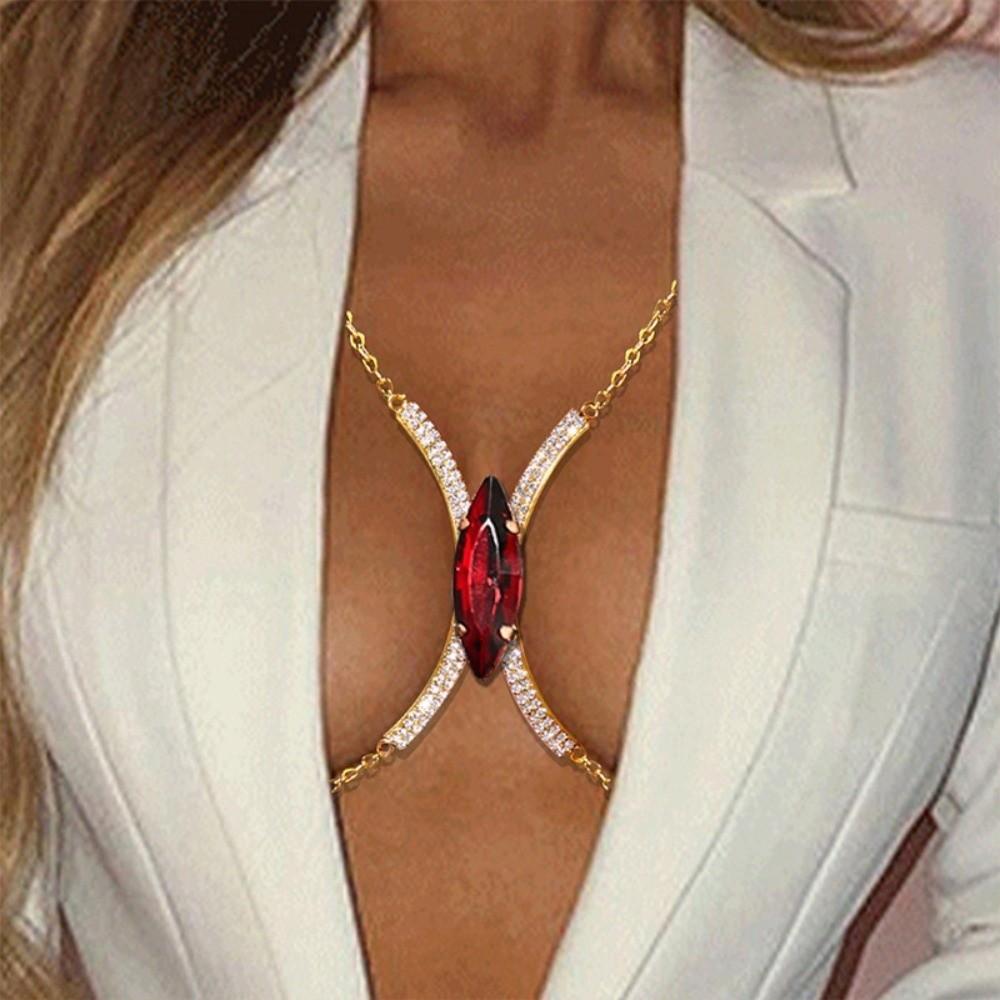 Rhinestone Bra Chest Chain Red Crystal Breast Chain Trendy Chest Support Body Chain  Low-cut Dress