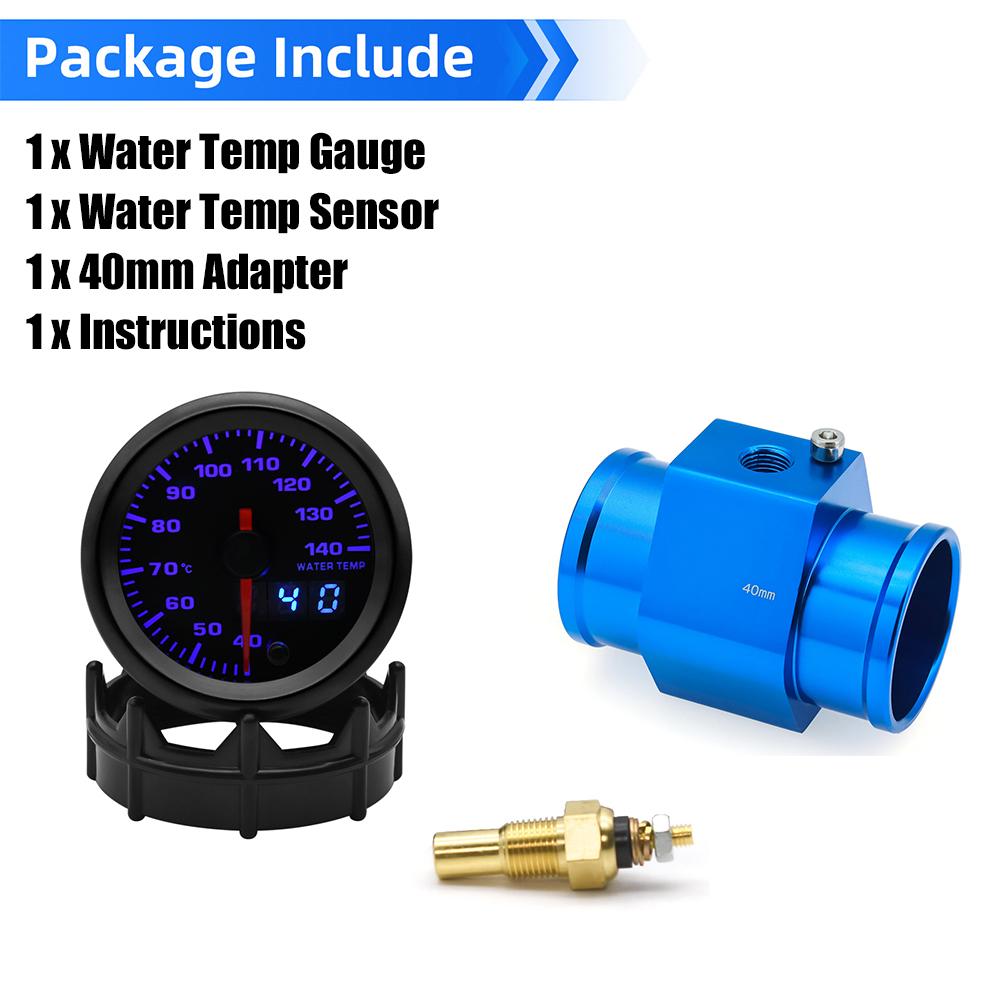 2“ 52mm Water Temperature Gauge 40-140 Celsius 7 Colors Backlight Water Temp Sensor Joint Pipe Sensor Hose Adapter For 12V Car