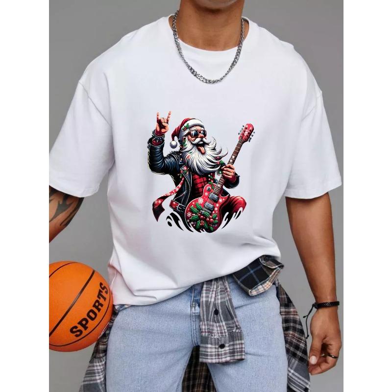 Vánoční Rock Santa Claus Tričko Bílé Rock and Roll Santa s Kytarou Potiskem pro Sváteční Večírek a Vánoční Oslavu