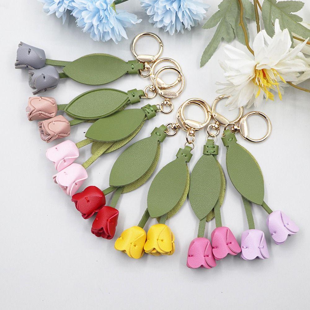 

Car Decoration Tulip Flower Keychain Leather Bag Ornament Cute Keychain Pendant Gift Toys 1-Red